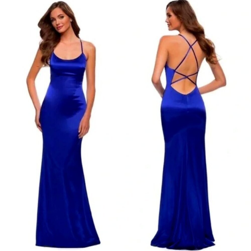 New LA FEMME Satin Column Maxi Dress Criss-Cross Back Royal Blue 8 MSRP $378